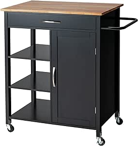 Giantex Kitchen Island - Mobile Kitchen Cart on Wheels, 1-Door Storage Cabinet, Large Drawer, 3 Tier Shelves, Rubber Wood Countertop, Towel Handle, Rolling Serving Cart for Dining Room Bar (Black)