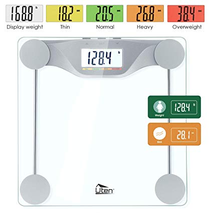 Digital Body Fat Bathroom Scale with BMI High Precision Smart Weight Scales with Large Backlight and 5 Colors LCD Display, Step-On Technology, Round Corner Design and 6MM Glass 400lb/180kg Capacity