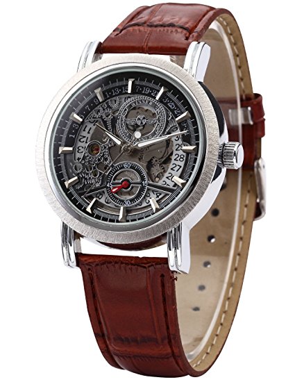 AMPM24 Fashion Men's Skeleton Automatic Mechanical Date Brown Leather Wrist Watch PMW044