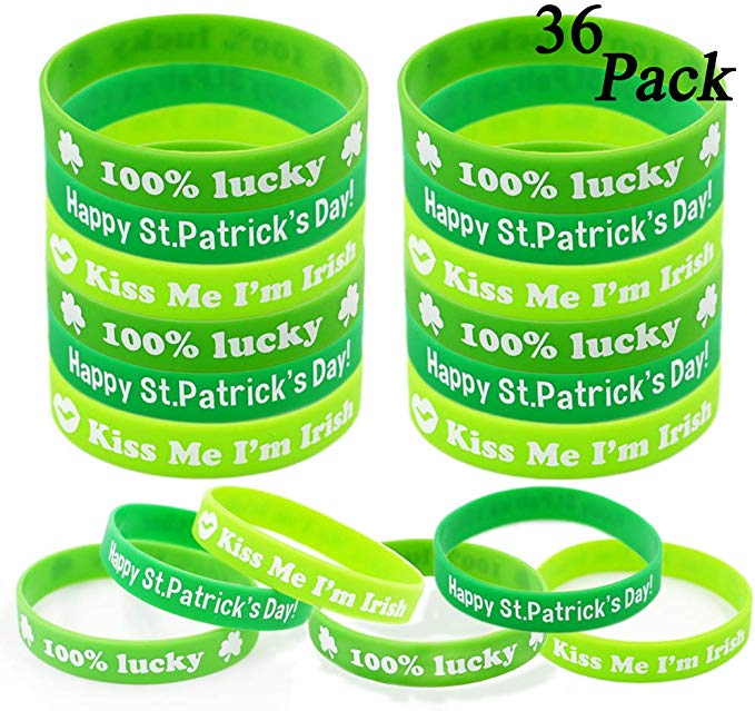 WESJOY St. Patrick's Day Shamrock Bangle Bracelets Green Irish Rubber Wristbands Bracelet for Kids School Party Favors Supplies 36 Pack