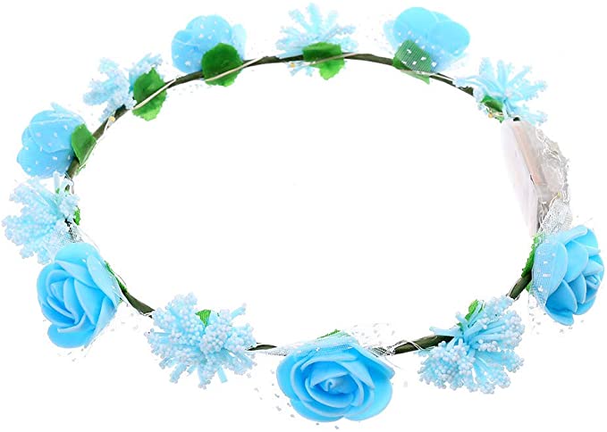 Mlide Multicolor Rose Garland Headband - Crown Festival Floral Flower Wedding Hair Wreath Headdress with LED Decor(Blue)