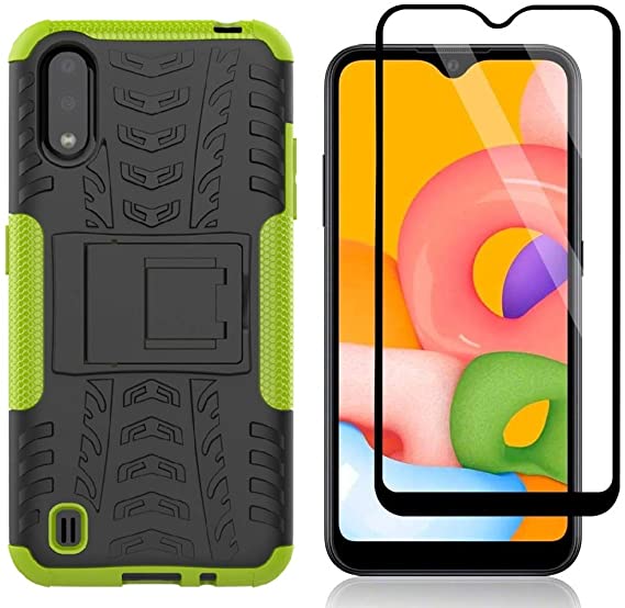 Yiakeng Samsung Galaxy A01 Case with Tempered Glass Screen Protector, Shockproof Silicone Protective with Kickstand Hard Phone Cover for Samsung Galaxy A01 (Green)