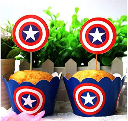 Captain America Cupcake Wrappers&Toppers Picks Decoration for Kids Birthday Party Pack of 12pcs