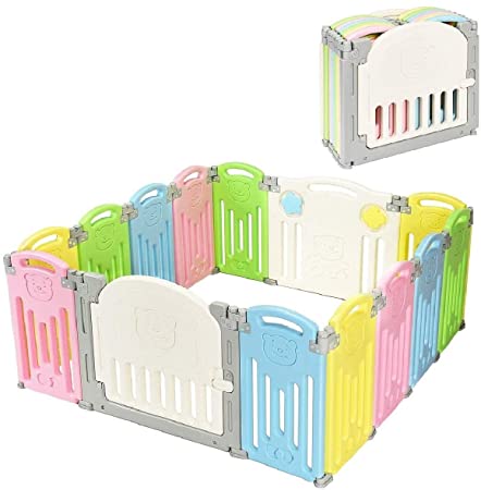 Costzon Baby Playpen, 14-Panel Foldable Baby Play Yards, Baby Fence Kids Safety Playard w/Locking Gate, Non-Slip Rubber Bases, Adjustable Shape, Portable for Indoor Outdoor Use (Colorful, 14-Panel)