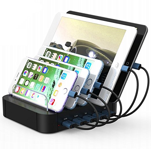 TTPLANET USB Charging Station 5-Port Desktop Charging Stand Organizer for iPhone, iPad, Tablets and Other USB-Charged Devices