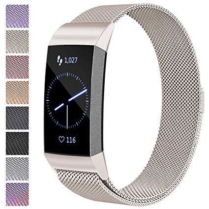 Maledan Metal Bands Compatible with Fitbit Charge 3 & Charge 3 SE, Stainless Steel Mesh Milanese Loop Magnetic Band Replacement Accessories Bracelet Strap with Unique Magnet Lock for Women Men