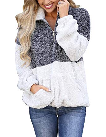 MEROKEETY Women's Long Sleeve Contrast Color Zipper Sherpa Pile Pullover Tops Fleece with Pocket