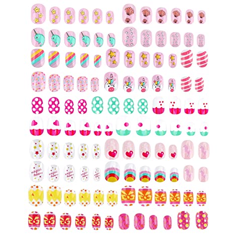 120PCS Fake Nails for Kids, Short False Nails Press on Nails,Glue on Acrylic Nails Artificial Fingernails for Children Girls