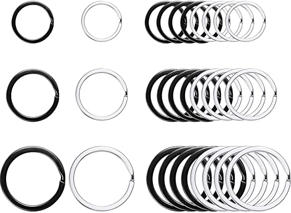 Round Flat Key Chain Rings Metal Split Ring for Home Car Keys Organization, 30 Pieces (Black, Silver, 3/4 Inch, 1 Inch and 1.25 Inch)