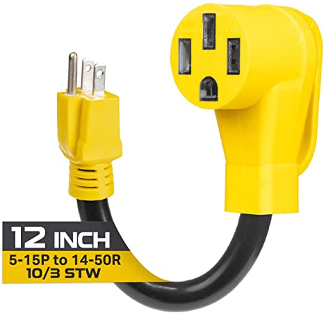 Iron Forge Cable 15 Amp to 50 Amp RV Electrical Adapter Power Cord, 12 Inch - 10/3 STW 5-15P Male Plug to 14-50R Female Receptacle, Yellow