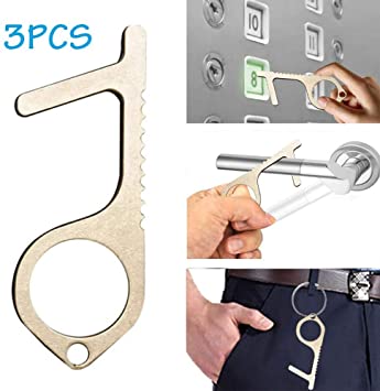 Hygiene Hand Brass Clean Key, No-Touch Door Opener & Closer Stylus Keep Hands Clean, Portable Stick for Push The Elevator Button, Shape of Key - Easy to Carry and Use (Golden1 3pcs)