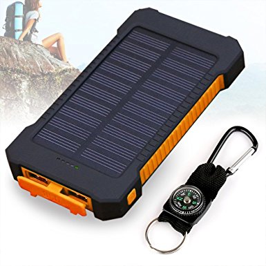 Foreverrise 10000mAh Solar Charger Dual USB Battery Pack Portable Phone Solar Power Bank Waterproof Battery Charger with LED Light and Carabiner with Compass Pack for Most USB Devices(Orange)