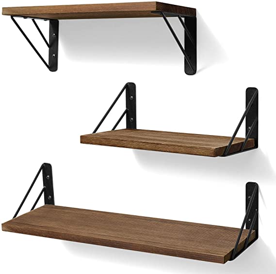 BAYKA Floating Shelves Wall Mounted, Rustic Wood Wall Shelves Decor Set of 3 for Bedroom, Bathroom, Living Room, Kitchen, Office, Laundry Room (Pine, Carbonized Black)