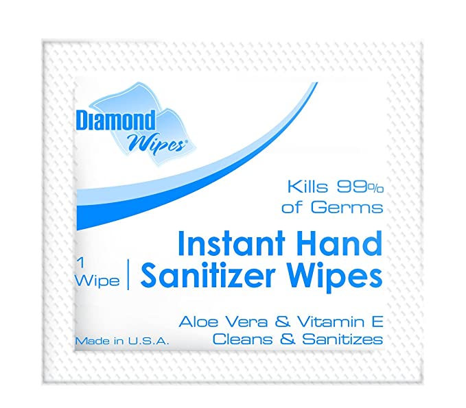 Diamond Wipes Instant Hand Sanitizer Alcohol (62% ethyl alcohol) Wet Nap Wipes Made in USA product - Individual wrapper (1000 Packets Bulk Buy)