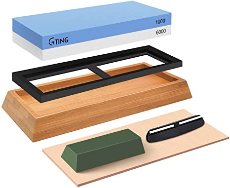 Sharpening Stone Set Whetstone Knife Sharpener, G-TING 1000/6000 Dual Grit Knife Sharpening Kit with Leather Honing Strop, Non Slip Bamboo Base, Angle Guide, Polishing Compound for Kitchen knives