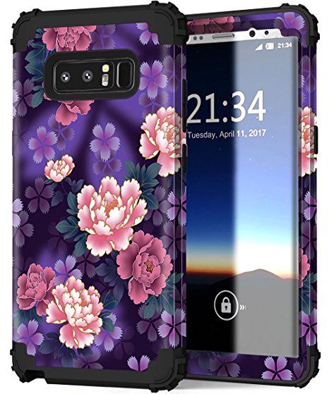 Galaxy Note 8 Case, Hocase Shockproof Heavy Duty Hybrid Silicone Rubber Bumper Hard Shell Full Body Protective Phone Case w/ Cute Purple Peony Floral Design for Samsung Galaxy Note 8 2017 - Black