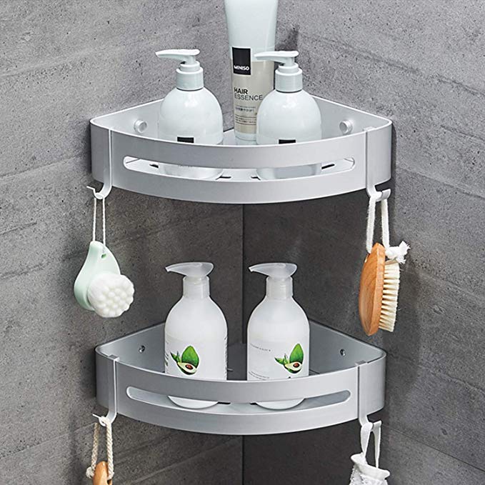 SEVENS No Drilling 2 Tiers Bathroom Shower Corner Shelf Adhesive Corner Caddy for Shower Kitchen Organizer Storage Durable Space Aluminum with 4 Removable Hooks