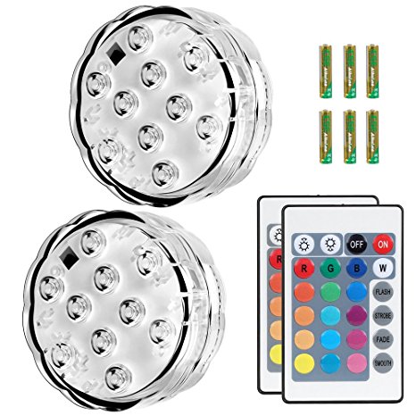 Puroma 2 Pack RGB Submersible LED Lights Remote Controlled, 16 Color Changing Waterproof Lights with 6 Batteries for Aquarium Swimming Pool Vase Base Fountain Garden Party Weeding Christmas Halloween