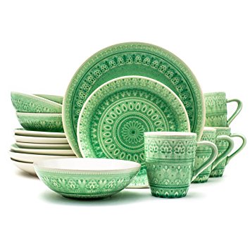 Euro Ceramica Fez Collection 16 Piece Ceramic Reactive Crackleglaze Dinnerware Set, Service for 4, Teardrop Mandala Design, Mint Green