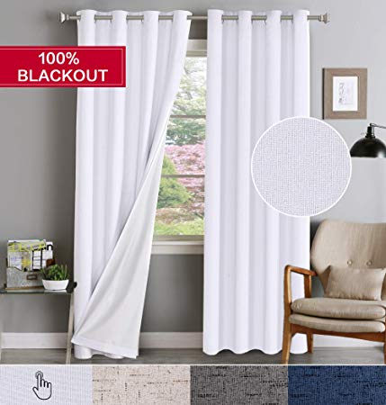 Flamingo P 100% Blackout Curtains Thermal Insulated Textured Rich Linen Curtain Drapes Traditional Anti Rush Grommet Window Curtain Panels, 52 x 96 inches - Blackout White Curtains for Bedroom