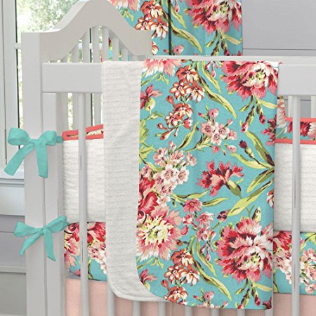 Carousel Designs Coral and Teal Floral Crib Blanket