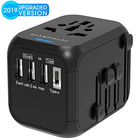 Universal Travel Adapter, GLAMFIELDS International Power Adapter, Worldwide All in One AC Outlet Power Plug Adapter with 3 USB   1 Type C Charging Ports for USA UK AUS European 200 Countries