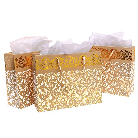 Gold Foil Party Gift Bags and Tissues - Floral Arabesque Design - 3 Pack