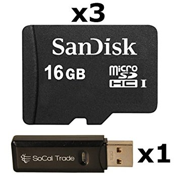 3 PACK - SanDisk 16GB MicroSD HC Memory Card SDSDQAB-016G (Bulk Packaging) LOT OF 3 with SoCal Trade USB 2.0 MicoSD & SD Memory Card Reader