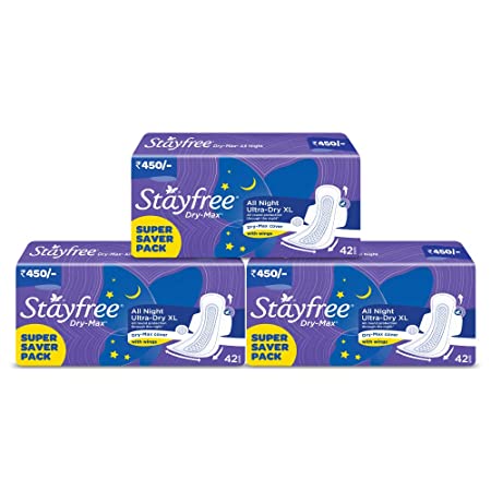 Stayfree Dry Max All Night XL Dry Cover Sanitary Pads For Women Combo 2 Plus 1 Free, 3 x 42s (126 pads)