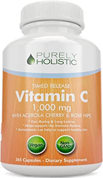 Vitamin C 1000mg 365 Capsules, 2 Stage Time Release with Ascorbic Acid, Rosehip and Acerola Cherry Bioflavonoid, One Year Supply, Immune System Booster, Skin, Nail & Hair Support, Vegetarian and Vegan