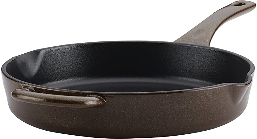 Ayesha Curry Cast Iron Enamel Skillet with Pour Spouts, 10-Inch, Brown Sugar