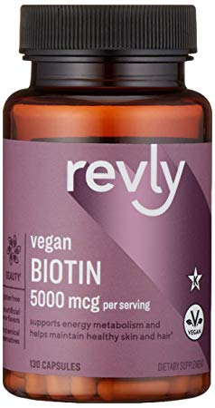 Amazon Brand - Revly Vegan Biotin 5000 mcg - Hair, Skin, Nails - 130 Capsules (4 Month Supply)