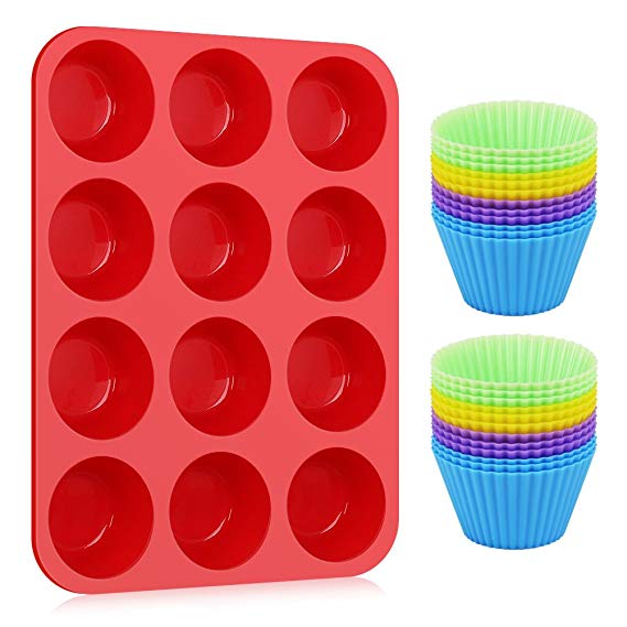 Kootek Silicone Muffin Pan with 24 Pack Reusable Cupcake Liners Baking Cups - BPA Free Muffin Tin and Cupcakes Wrappers, Nonstick Muffins Molds for Bakeware Breads Desserts Kid's Lunch