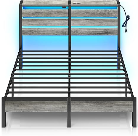 Rolanstar Bed Frame Full Size with USB Charging Station, LED Bed Frame with Wood Storage Headboard, Light Grey Metal Platform Bed with Under Bed Storage, No Box Spring Needed, Noise Free