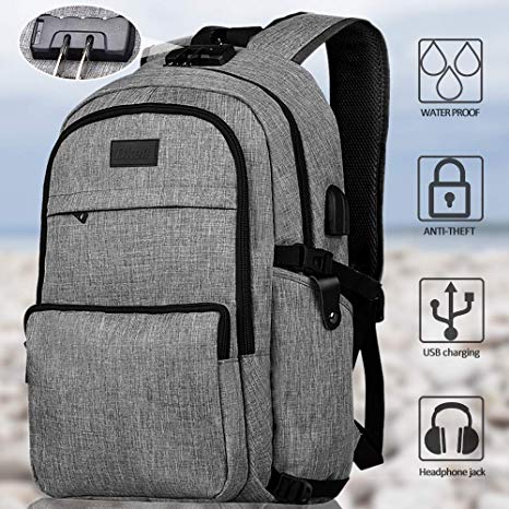 Laptop Backpack, Business Waterproof Travel Slim Anti Theft Backpack with USB Charging Port & Headphone Interface School Bookbag for College Student for Women Men, Fits Under 17-Inch Laptop (Grey)