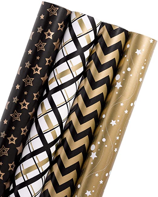 WRAPAHOLIC Wrapping Paper Roll - Black Gold Design for Birthday, Holiday, Baby Shower - 4 Rolls - 30 inch X 120 inch Per Roll