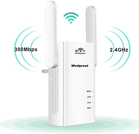 Wodgreat WiFi Range Extender 300Mbps Wireless Internet Signal Booster Wi-Fi Repeater with High Gain Dual External Antennas WLAN Blast Adapter, 2.4GHz Network, Easy Setup