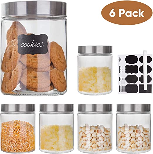 Glass Storage Jars with Stainless Steel Lids For The Kitchen,Set of 6,44 oz