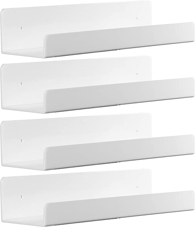 Cq acrylic 4 Pack 15 Inch Acrylic White Kids Floating Bookshelf for Kids Room, Wall Mounted Nursery Floating Shelves Display Ledge,Modern Picture Ledge Display Toy StorageWhite