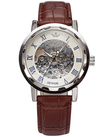 AMPM24® PMW301-US2 Brown Leather Strap Skeleton Mechanical Hand Wind Male Clock Casual Watch