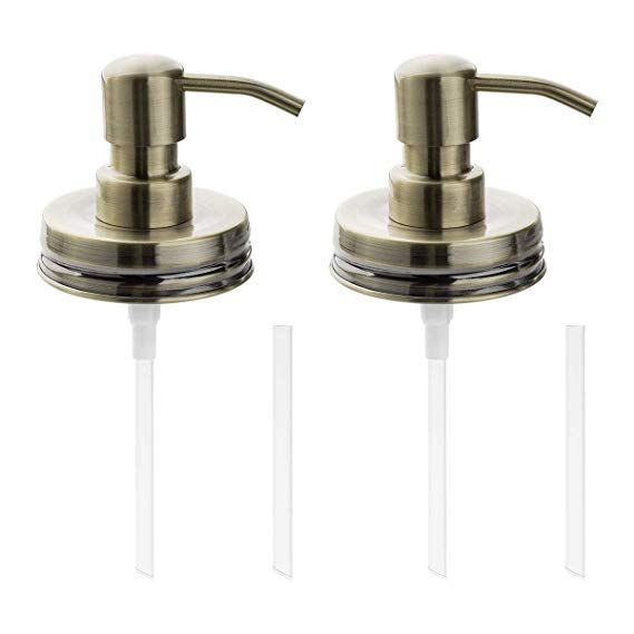 Kntiwiwo Bronze Coated Anti Rust Stainless Steel Mason Jar Soap Dispenser Lids Built in Plastic Pump Replacement for Regular Mouth Size 2-Pack