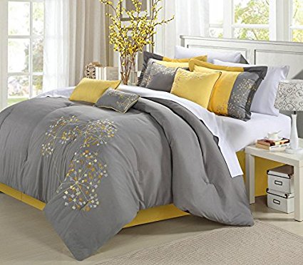 Chic Home 8-Piece Embroidery Comforter Set, King, Floral Yellow