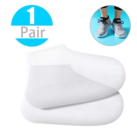 Reusable Silicone Boot Shoe Covers - DYKEISS Waterproof Rain Protectors Socks for Men Women Kids, Rubber Washable Slip-Resistant Snow Foldable Overshoes for Indoor Outdoor Workshop, 1 Pair (M, White)