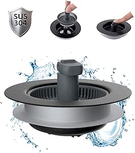 Hibbent 3 in 1 Kitchen Sink Drain Strainer and Stopper Combo, Stainless Steel Metal Pop Up Sink Stopper, Anti-Clogging Basket Strainer with Foldable Handle for US Standard 3-1/2" Drain, Matte Black