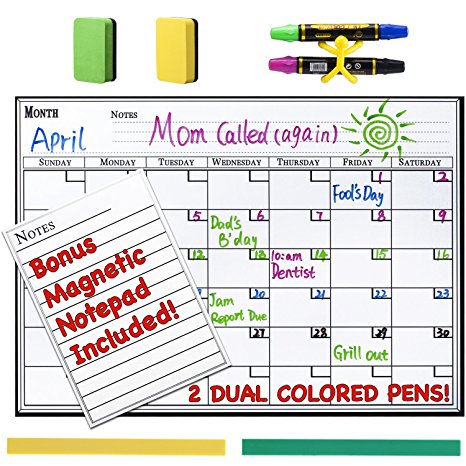 Magnetic Dry Erase Monthly Calendar Kit for Refrigerator - INCLUDES - Perpetual Calendar 16" x 12" - Notepad 6" x 8"- Markers - Whiteboard Eraser - 2x Magnetic Strapes - Magnetic "Pen Butler"
