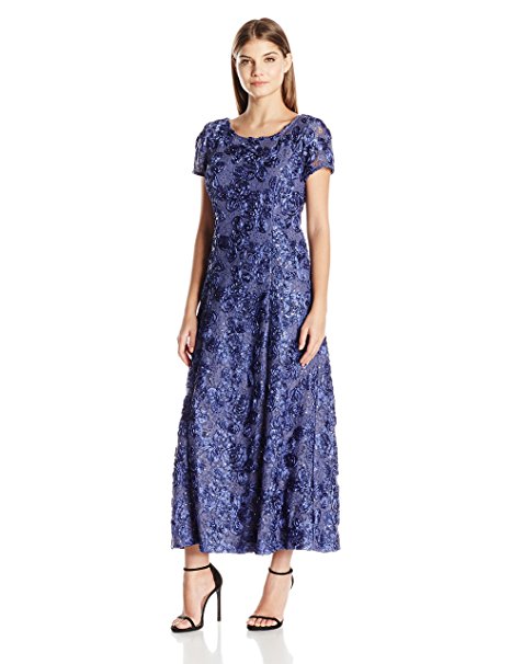 Alex Evenings Women's Petite Long a-Line Rosette Dress