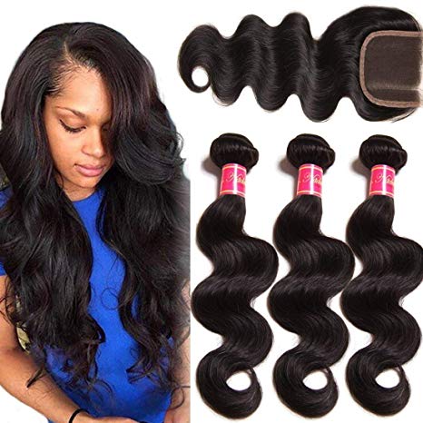 Nadula 8A Unprocessed Brazilian Remy Virgin Human Hair Body Wave Weave Pack of 3 with Free Part Lace Closure Natural Color(14 16 18 12inch Closure)