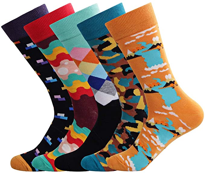 Ambielly Men Funny Socks 5 Pairs Colorful Cotton Novelty Crew Socks Patterned Art Funky Fashion Casual Dress Socks