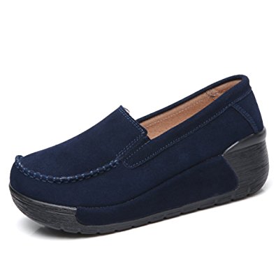 STQ Slip On Platform Loafers Women Comfort Suede Wedge Round Toe Moccasin Work Shoes