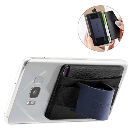 Sinjimoru Phone Grip Card Holder with Phone Stand, Stick on Wallet Functioning as Safety Card Holder for ID/IC Card Useful Leather Phone Stand and Phone Holder. Sinji Pouch B-Grip, Navy.